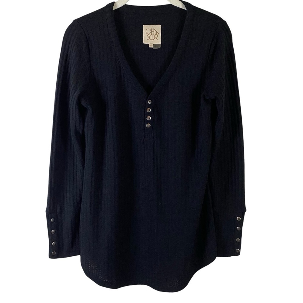 Chaser Women’s Waffle Knit Henley Shirt Top Black V-Neck Long Sleeve S Thermal - Picture 2 of 12
